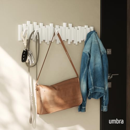 Umbra Sticks Wall Coat Rack, Wall Mount 8 Retractable Hooks, White