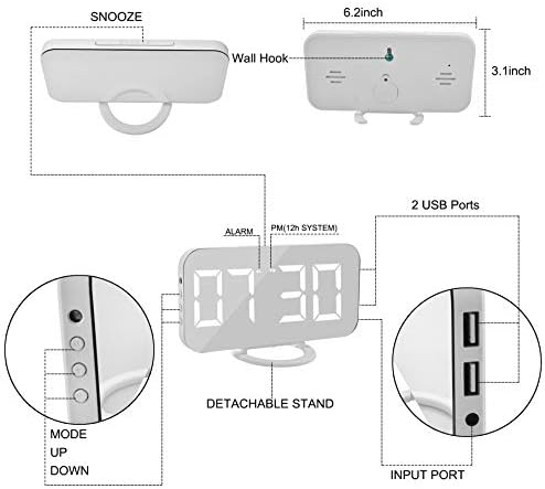 SZELAM Digital Clock Large Display, LED Electric Alarm Clocks Mirror Surface for Makeup with Diming Mode, 3 Levels Brightness, Dual USB Ports Modern Decoration for Home Bedroom Decor-White (001)