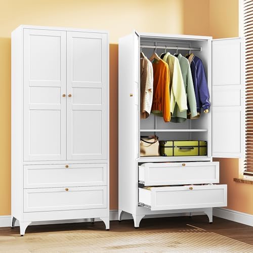 SISESOL Metal Wardrobe Cabinet with Drawer and Hanging Rod,Armoire Wardrobe Closet with Doors,White Metal Clothing Storage Cabinet with Adjustable Shelves,Armoire Storage Cabinets for Home,Bedroom