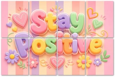 8 Pack Art Acoustic Panels Sound Absorbing Stay Positive Pastel Typography Hearts Flowers Striped Decorative Soundproof Wall Panels Self Adhesive for Home Recording Studios 48"x32"