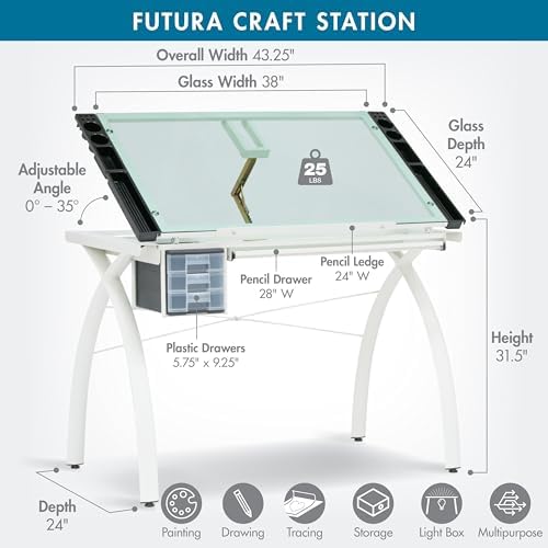 SD Studio Designs Futura Craft & Drawing Table with Adjustable Tempered Safety Glass Top – Modern Art Desk with Storage Drawers, Pencil Ledge, Matte Ivory/Sea Green Glass