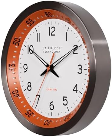 La Crosse Technology 404-87696-INT 10 inch Orange Chapter Ring Stainless Steel Atomic Analog Wall Clock