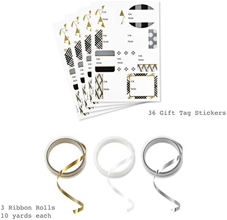 Hallmark Reversible Wrapping Paper Bundle with Ribbon & Gift Tag Stickers - Black, Gold Stripes, Plaid (3 Pack, 120 sq. ft. TTL, 30 Yds. Mini Ribbon, 36 Labels) for Graduations, Weddings, Christmas