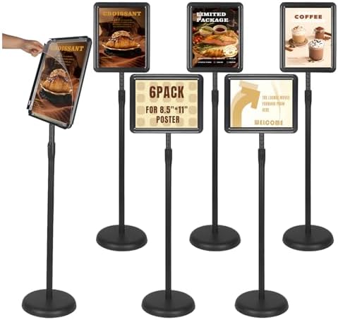 HUAZI Sign Stand Holder 6PACK Floor Sign Holder with Base for 8.5x11 inches,Both Vertical & Horizontal View Displayed,Snap-Open Frame with Safety Corner for School Church,Black