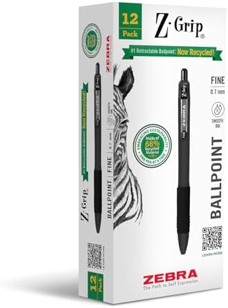 Zebra Pen Z-Grip Recycled Ballpoint Pen, Black Ink, 0.7mm, 12-Pack