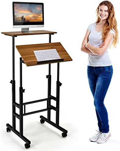 COSTWAY Mobile Standing Desk, Height Adjustable Rolling Laptop Cart w/Tilting Desktop for Standing or Sitting, Lockable Casters, Home Office Computer Workstation for Small Spaces (Brown)