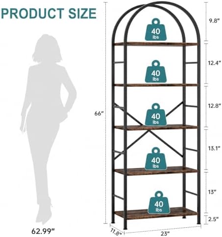 Shintenchi Bookshelf, Arched Bookshelf 5 Tier Bookcase, Tall Shelf for CDs/Books, Home Office Shelf Storage Organizer, Modern Book Shelf for Bedroom/Living Room, Rustic Brown