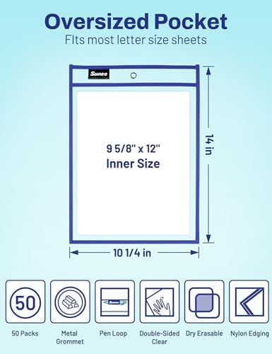SUNEE 50 Packs Oversized Reusable Dry Erase Pocket Sleeves with 3 Rings, 10 Assorted Colors 10x14 Ticket Holders, Clear Plastic Sheet Protectors, Teacher School Classroom Supplies