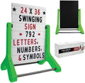 EXCELLO GLOBAL PRODUCTS Swinging Changeable Message Sidewalk Sign: 24" x 36" with 792 Pre-Cut Double Sided Letters and Storage Box. Includes Black Board & Letter Board (Green Color Legs)