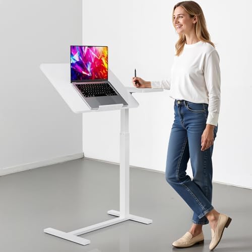 Simple Deluxe Overbed Bedside Table with Hidden Casters, Height Adjustable Desk with Tilting Top, Mobile Rolling Laptop Desk, Standing Rolling Desk Hospital Home Use, White
