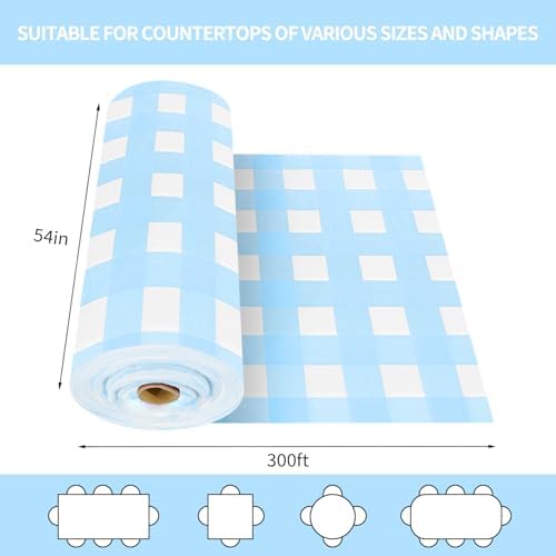 CXPSINC 54 Inch X 300 Feet Plastic Table Cover Roll Disposable Tablecloth with Slide Cutter for All Type/Shape Tables | Party, Banquet, Birthdays, Weddings(Light Blue Checkered, 300 Feet)