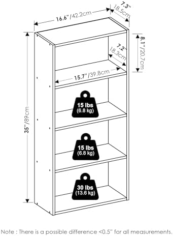 Furinno Basic Book Shelf, 4-Tier Bookcase with Open Shelf, Bookshelf, Cube Storage Organizer, 7 x 17 x 35, for Living Room, Bedroom, Home Office, Amber Pine