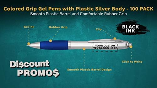 DISCOUNT PROMOS Custom Colored Grip Gel Pens Set of 100, Personalized Bulk Pack - Great for Office, School, Business, Tradeshows, Events - Blue