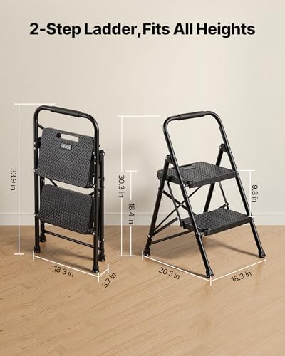 VEVOR 2 Step Ladder, Folding Step Stool with Wide Anti-Slip Pedal and Comfort Handgrip, Lightweight 600 lbs Capacity Portable Steel Ladder, Multi-Use for Kitchen, Home, Household and Office, Black