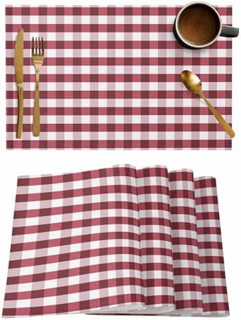 Christmas Placemats Set of 6, Rustic Burgundy White Buffalo Check Plaid Pattern Heat Resistant Washable Table Place Mats Farmhouse Table Linens Party Holiday Decor for Kitchen Dining Outdoor Indoor