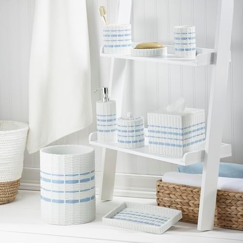 IZOD – Wastebasket, Wicker-Textured Hand-Painted Resin with Blue Stripe Detail, Coastal Home Decor – Perfect for Bathroom, Bedroom, Kitchen or Office (Savannah)