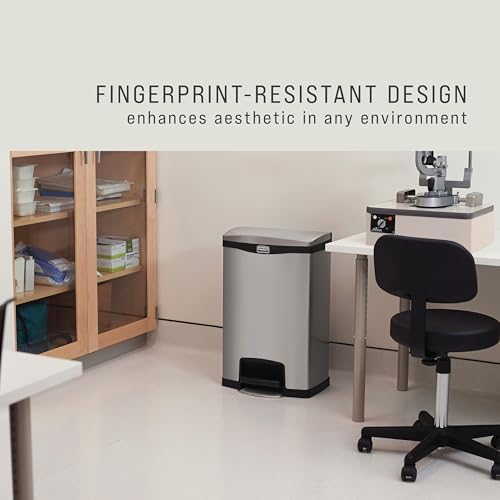 Rubbermaid Commercial Products Impressions Metal Step On Trash Can, Front Step, 13 GAL, Stainless Steel Black, Indoor for Hospitals/Office Spaces/Restaurants