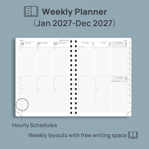 POPRUN 2027 Planner Daily Weekly and Monthly Calendar with Hourly Schedule, Monthly Tabs(Large Size 10'' x 8'' Wire-Bound Hard Cover) - Agenda 2027 (Jan.2027-Dec.2027) - Light Pink