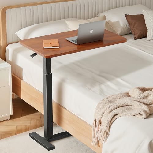 Adjustable Overbed Bedside Table with Wheels, Rolling Laptop Table, Pneumatic Adjustable Hospital & Home Use Bed Table, Mobile Standing Desk, Brown