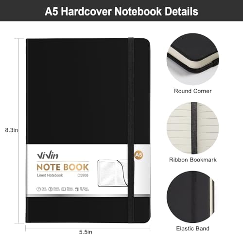 ViVin 3 Pack A5 Hardcover Lined Notebook,192 pg College Ruled 5.5x8.3