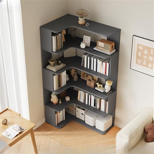 Vertical L-Shape Storage with Open Back 5 Shelves Corner Bookshelf Wood Floor Rack Student Integrated Wall Bookcase Corner Cabinet Multi-Layer Storage Cabinet Grey 24" L x 35" W x 63" H