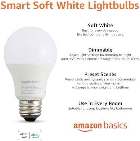 Amazon Basics Smart A19 LED Light Bulb, Dimmable Soft White (2700K), 9W (60W Equivalent), 800LM, Energy Efficient, Works with Alexa Only, 2.4 GHz Wi-Fi, No Hub Required, 4-Pack