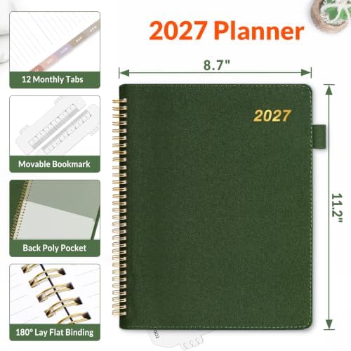 SUNEE 2027 Weekly & Monthly Planner 9"x11.2"- 12 Month (January 2027 - December 2027), Vegan Leather Cover, Pocket, Bookmark, Notes, Monthly Tab, Deep Green