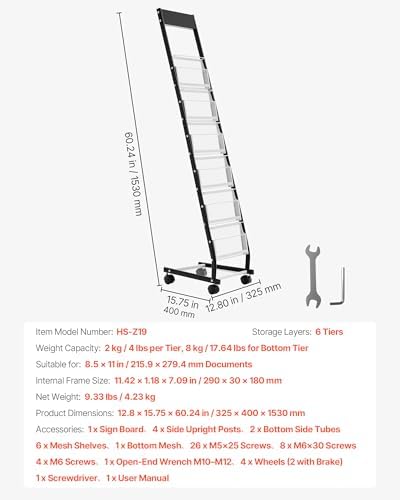 VEVOR Brochure Display Rack, Narrow 6-Tier Magazine Literature Display Stand with Wheels, Metal Floor Standing Magazine Rack, Movable Newspaper Catalog Holders for Shop Exhibitions Office (6 Pockets)