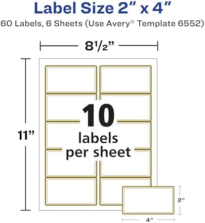 Avery Printable Glossy Clear Labels, 2" x 4" Rectangle Labels, Clear, Metallic Gold Border, Permanent Adhesive, Laser/Inkjet Printable, 60 Total (6552)