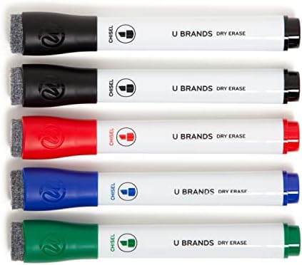 U Brands Dry Erase Markers with Eraser, Chisel Tip, Assorted, 5 Count