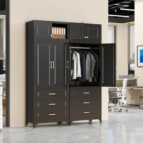 SteeLoong 86" Metal Wardrobe Cabinet,Armoire Wardrobe Closet with 3 Drawers