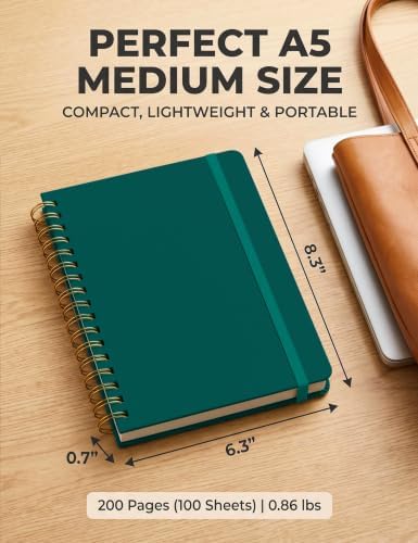 5 Pack Hardcover Spiral Notebooks, 8.3" x 6.3" Lined Journal Set, 100 GSM Bleed-Resistant Paper, 200 Pages Twin-Wire Bound Notebook with Elastic Band & Category Stickers for Office, School