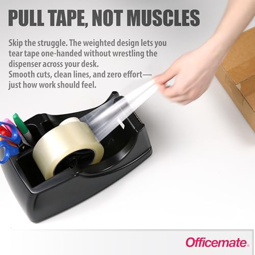Officemate 2-in-1 Heavy Duty Tape Dispenser - Fits 1 Inch and 3-Inch Cores, Weighted 5.5 lb Base for Stability, Holds Packing and Standard Tape, Storage Compartment for Office Supplies, Black