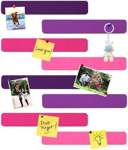 8Pcs Rectangle Felt Cork Board Bar Strips with 35 Pushpins, Self-Adhesive Bulletin Board Strips for Office School Home Wall Decor Stickers Memos Schedules Photos Display -Gradual Purple