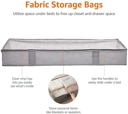 Amazon Basics Under Bed Storage Bags for Clothes and Blankets, Foldable Fabric Zipper Container with Clear Window and Reinforced Handles, Space Saving, 18 x 42 x 6 inches, Gray, 2-Pack