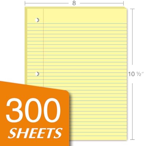 KAISA Loose Leaf Notebook Paper, College Ruled, 300 Sheets Per Lined Paper, 8" x 10.5", 3 Hole Punched for 3 Ring Binder, Canary, Made In USA