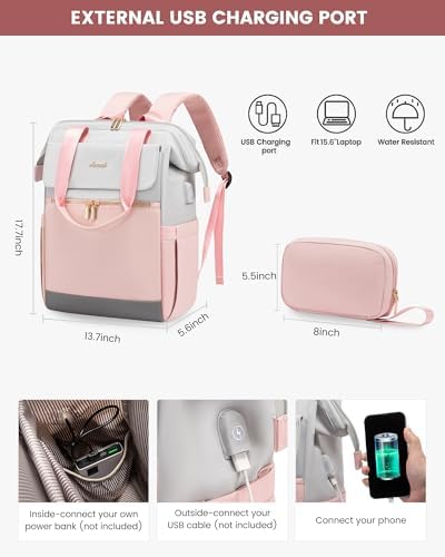 LOVEVOOK Laptop Backpack for Women, 15.6 Inch Work Laptop Bag with USB Port, Fashion Teacher Nurse Backpack Purse, Waterproof Travel Computer Backpack with Organizer Bag, 2PCS, Grey-Pink