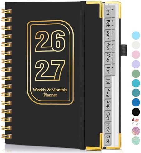Academic Planner 2026-2027, Weekly and Monthly Hardcover Planner, July 2026 - June 2027, 5.75" x 8.38" A5 Large Daily Calendar Planner Book with Tabs, Spiral Yearly Agenda Organizer Notebook for School Work Home, Black