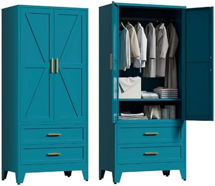Washsemba 71'' Farmhouse Metal Wardrobe Cabinet with Hanging Rod, 2 Barn Door Wardrobe Closet with Adjustable Shelves,2 Drawer,for Dining Room,Bedroom,Living Room, Cloak Room,Office (Peacock Blue)