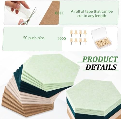 12x10 in 16 Pcs Hexagon Cork Board Tiles, Felt Pin Boards, Green