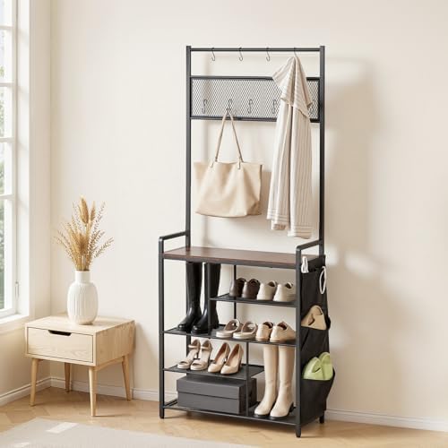 VEVOR Hall Tree, 70.9 in Coat Rack with Shoe Storage, Freestanding 4-Tier Shoe Rack Organizer with Hooks, Side Pocket and Wire Shelf, Steel Frame Entrance Coat Holder for Entryway, Bedroom, Closet