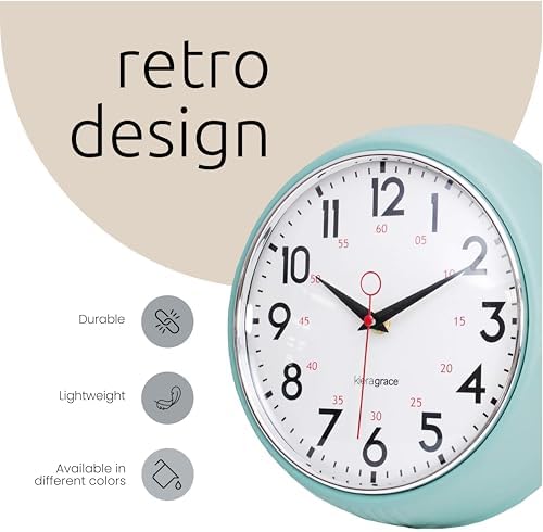 Kiera Grace Retro Wall Clock, Silent Non-Ticking Design, Battery Operated, Vintage Home Decor for Living Room, Bedroom, Kitchen, Office, White, 9.5"