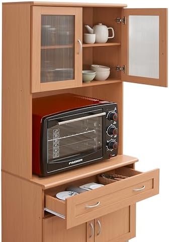 HODEDAH IMPORT Tall Standing Kitchen Cabinet with Top and Bottom Enclosed Cabinet Space, 1-Drawer, Large Open Space for Microwave in Beech