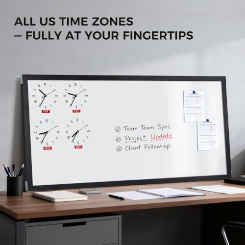 4x2 Ft Magnetic Whiteboard with 4 U.S. Time Zone Clocks, Black Wood Frame