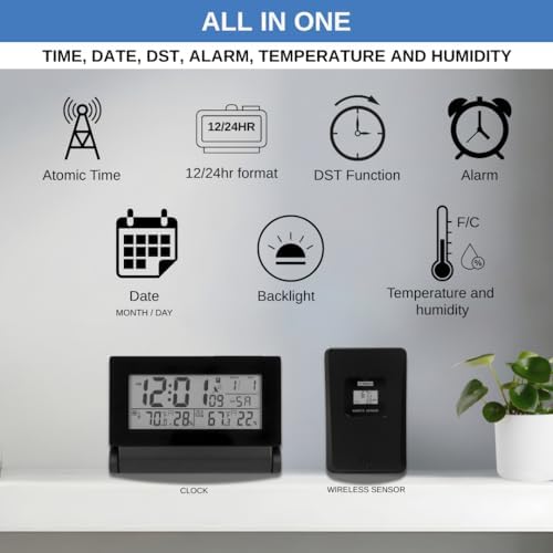 Digital Clock with Atomic RCC Time and Alarm | Indoor Temperature and Humidity Display | Wireless Sensor, Battery Operated with Blue Backlight for Bedroom or Desk