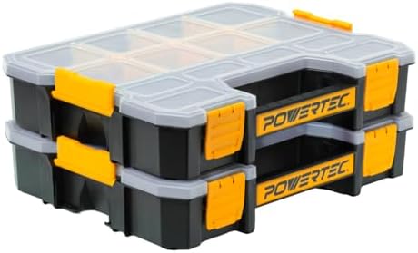POWERTEC Small Parts Organizer & Tool Box – 14 Compartments, Stackable Storage with Interlocking Latch, Removable Dividers, Clear Lid, Portable Design, 2-Pack (72364-P2)