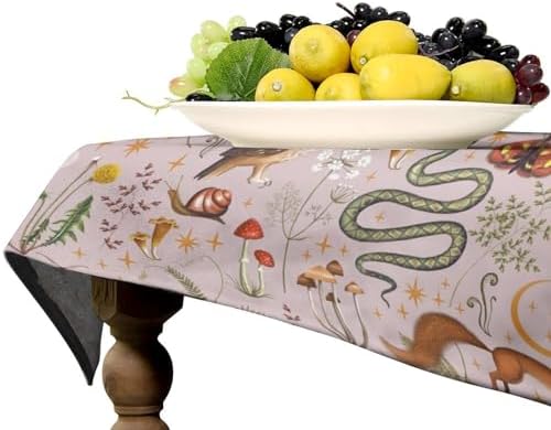 Rustic Forest Tablecloth, Pink Woodland Wild Animal Hare Squirrel Owl Snail Flowers Mushroom Table Cloth for Home Kitchen Dining Outdoor Patio Wedding Decor 55x75in