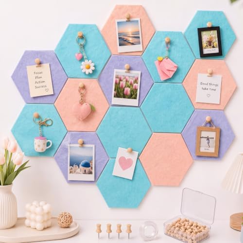 6.7 x 5.9 in 16 Pcs Hexagon Cork Board Tiles, Felt Pin Boards, Pastel