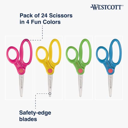 Westcott School Scissor Caddy and 5-Inch Pointed Safety Scissors for Kids, Back to School, Classroom Supplies, Assorted, 24 Pack (14755)