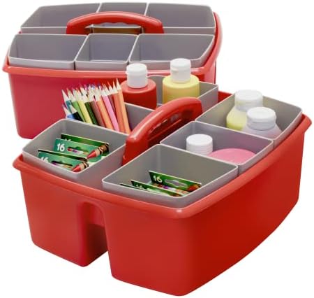 Storex Large Classroom Caddy with Cups, 13 x 11 x 6.575 Inches, Red, Case of 2 (00981A02C)